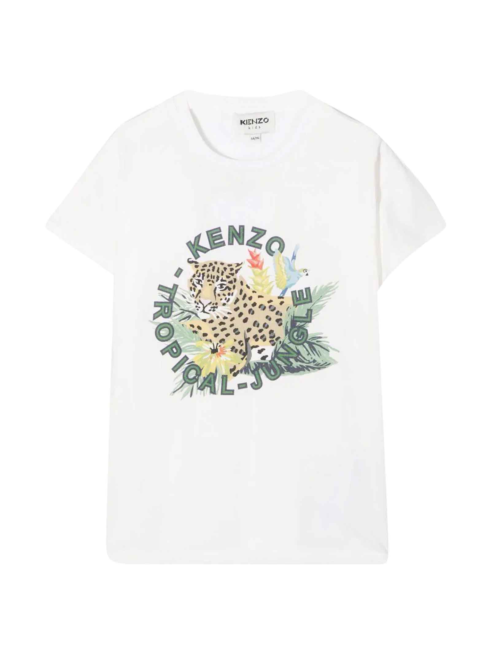 Kenzo Kids White Teen Unisex T-shirt With Print On The Chest, Crew Neck, Short Sleeves And Straight Hem By.