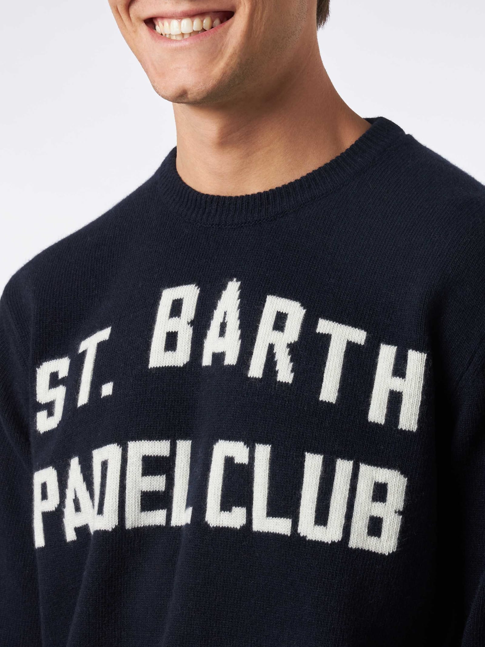 Mc2 Saint Barth Man Crewneck Sweater With St. Barth Padel Club Jacquard Print In Blue