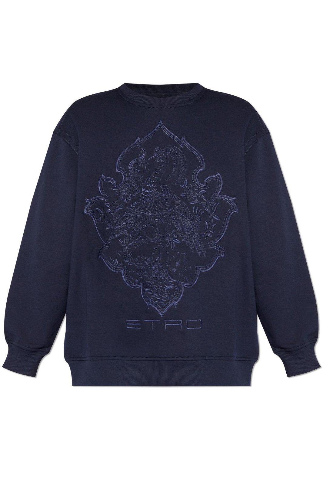 Shop Etro Logo Embroidered Crewneck Sweatshirt In Blu Navy
