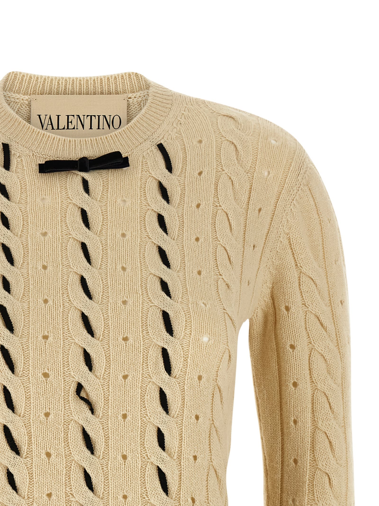 Valentino Wool Sweater With Bow Detail And Cable Knit Pattern In Brown