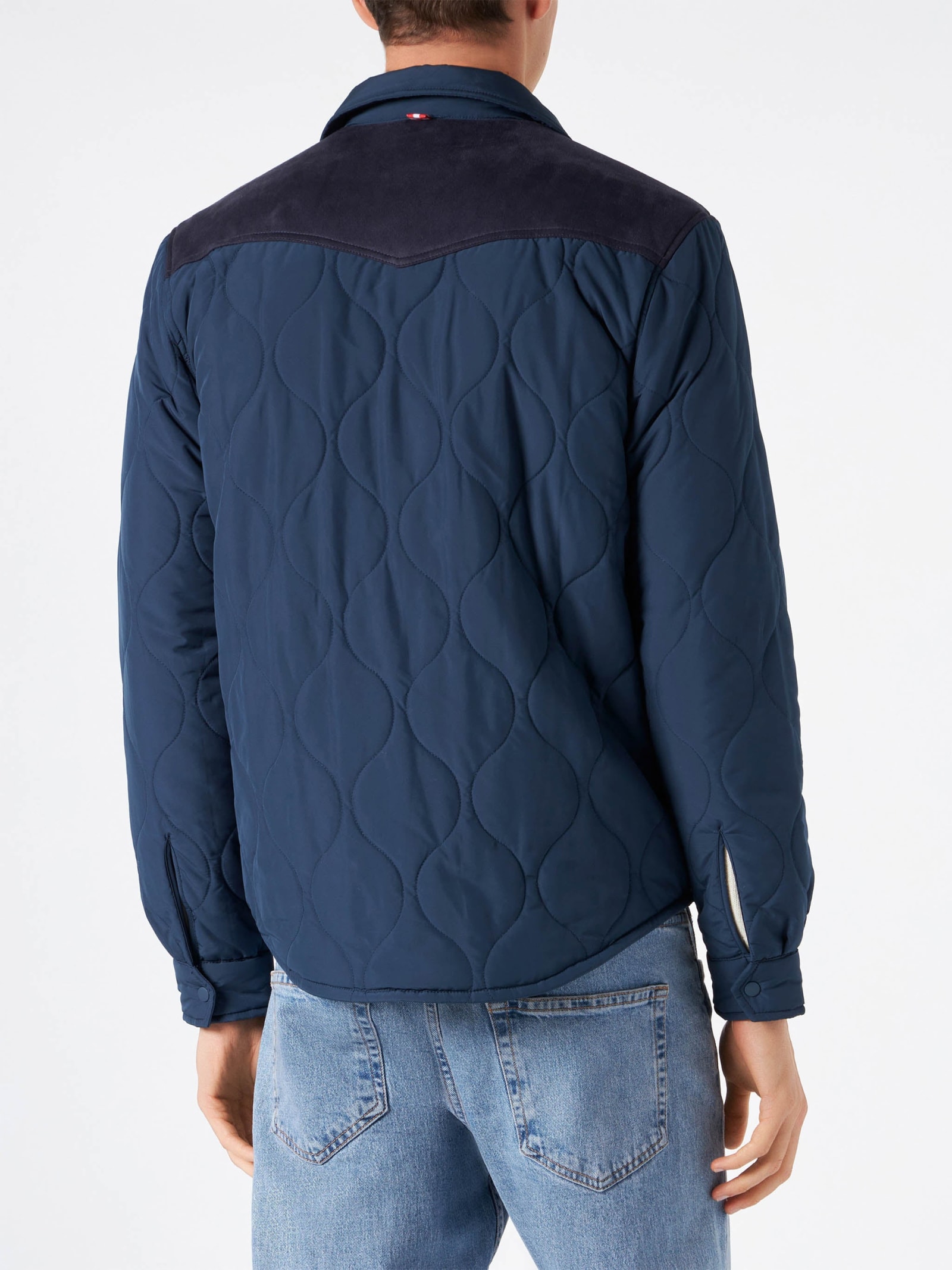 Mc2 Saint Barth Man Navy Blue Padded Overshirt With Patch Pockets In Blue