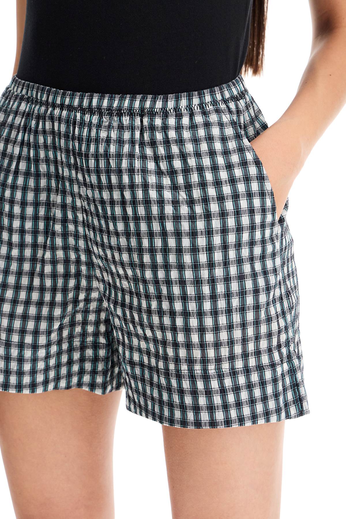 Shop Ganni Seersucker Checkered Pattern In Egret (black)