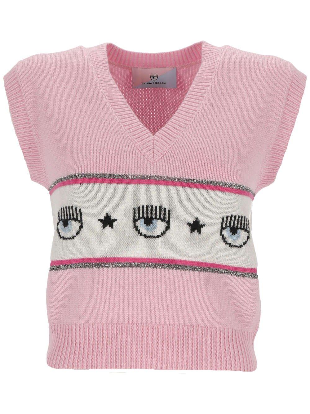 Shop Chiara Ferragni Eyelike Intarsia-knit V-neck Vest In Pink