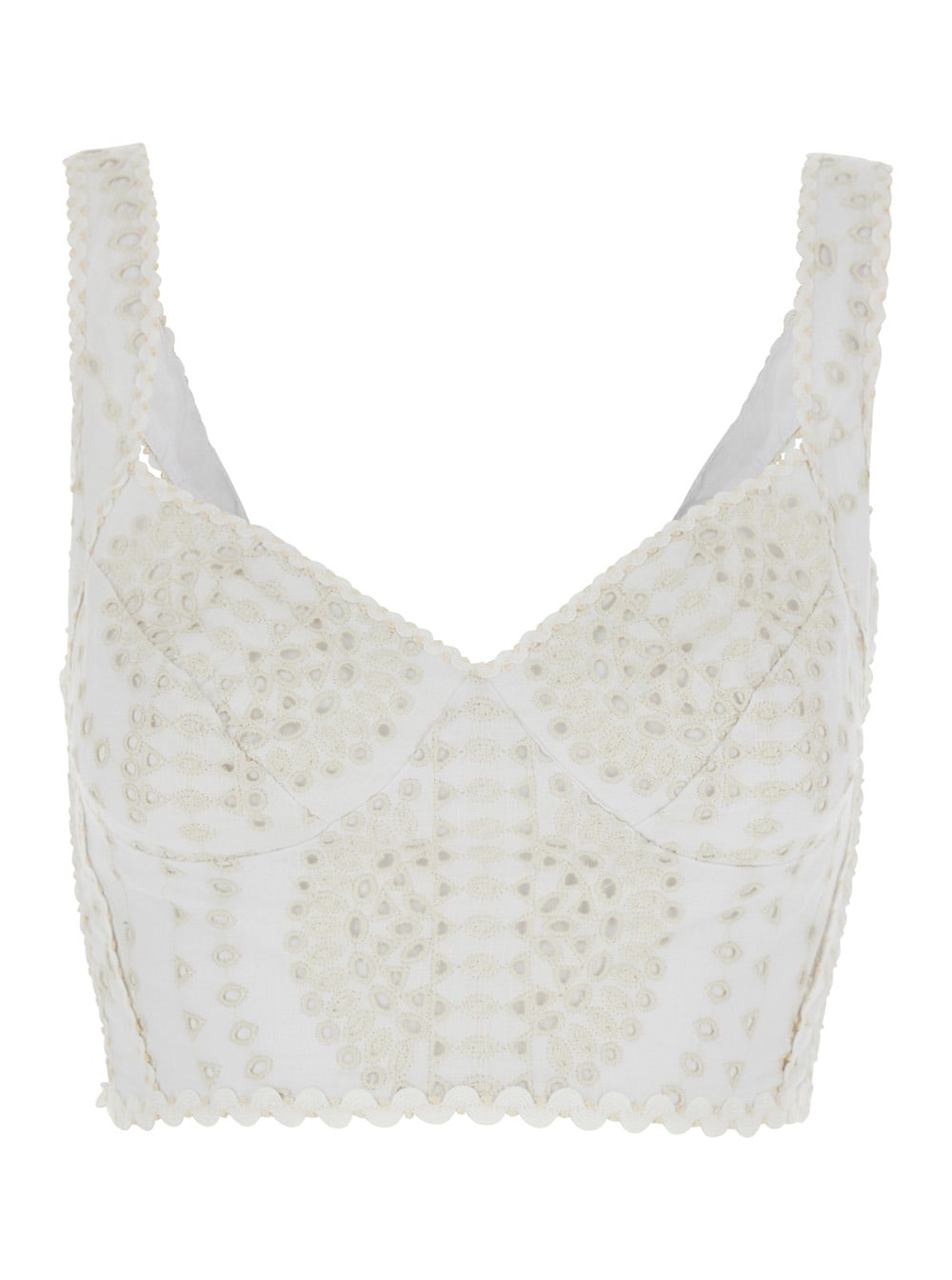 goldie White Top With V-neck On The Front And Perforated Design In Cotton And Linen Blend Woman