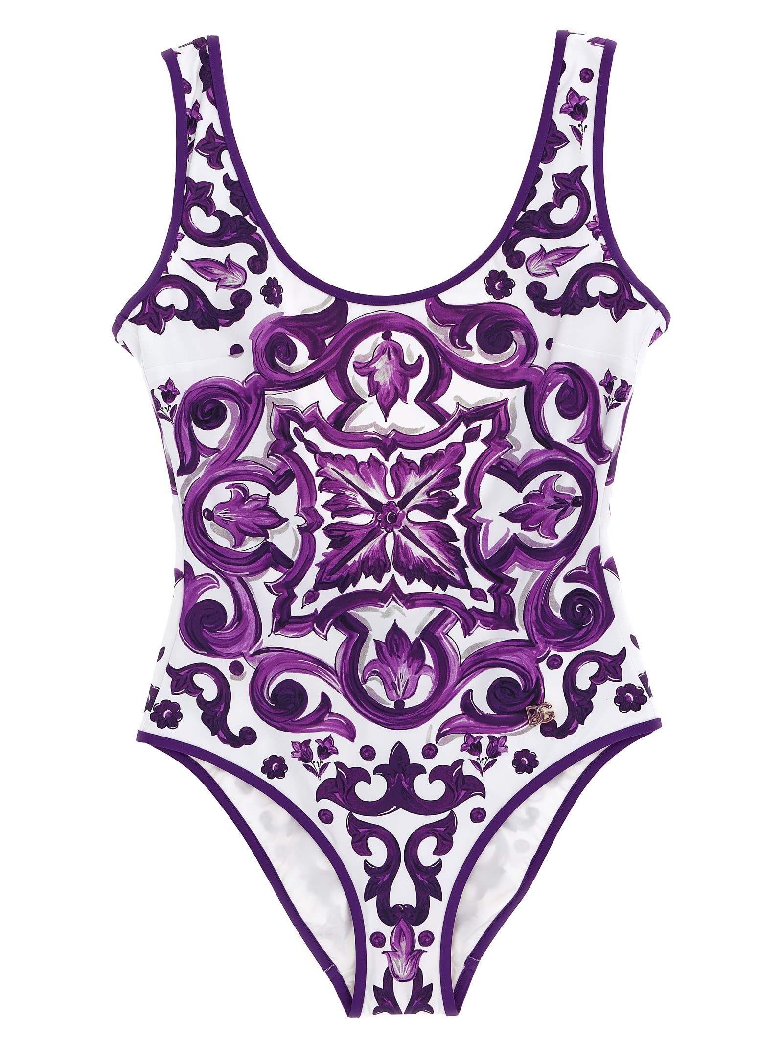 Dolce & Gabbana Maiolica Print One-piece Swimsuit In Purple