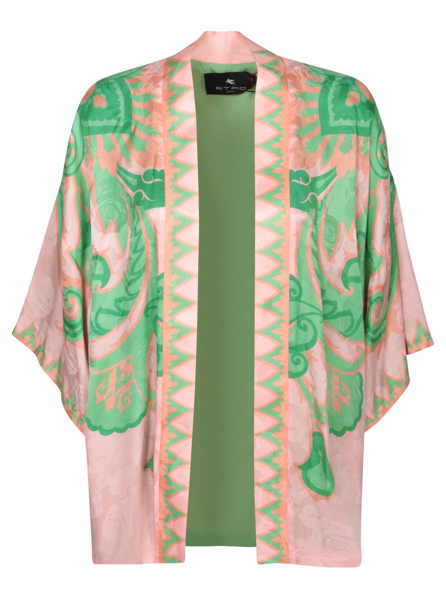 Silk Kimono Jacket In Green And Pink