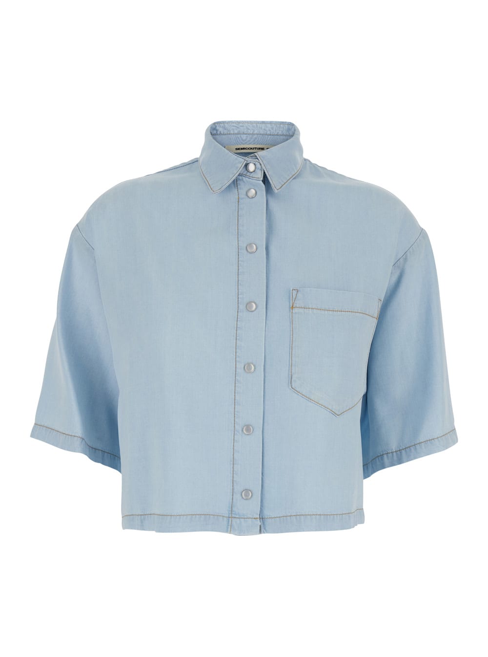 Light Blue Shirt With Chest Patch Pocket And Contrasting Stitching In Fabric Woman