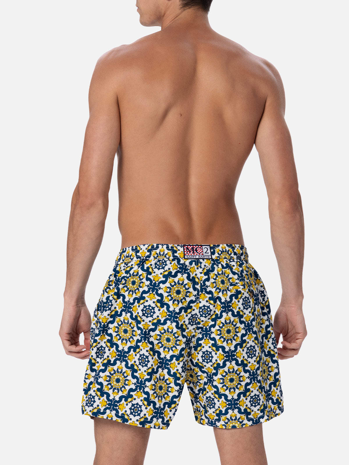 Mc2 Saint Barth Man Lightweight Fabric Swim-shorts Lighting 70 With Majolica Print In Blue