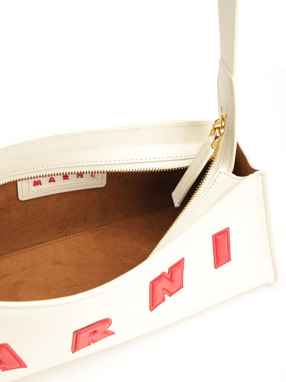 Marni Elongated Silhouette Shoulder Bag With Bold Lettering In White
