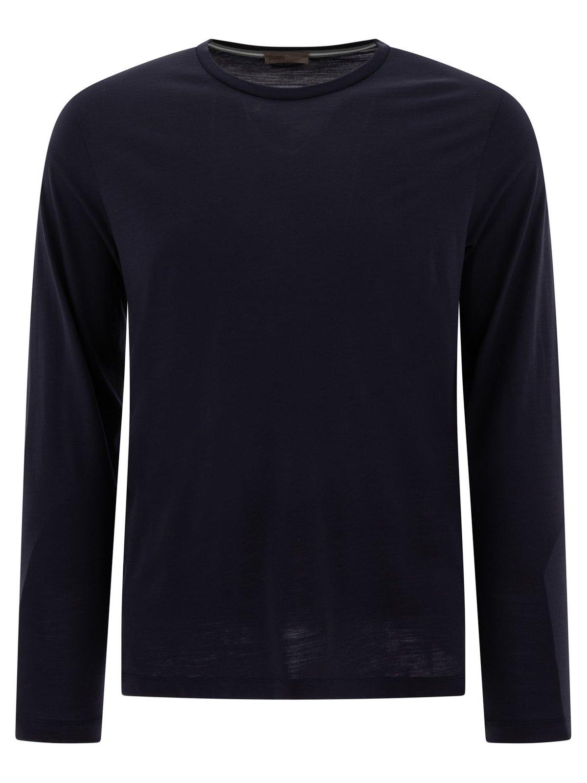 Shop Herno Long-sleeved Crewneck Knitted T-shirt In Navy