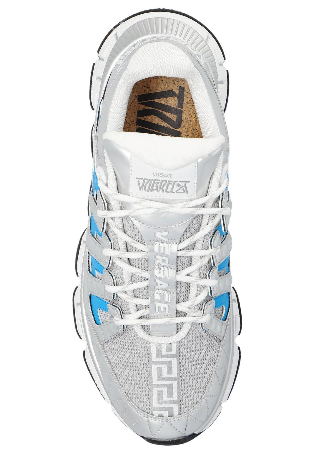 Shop Versace Trigreca Panelled Mesh Lace-up Sneakers In Silver Blue White (silver)