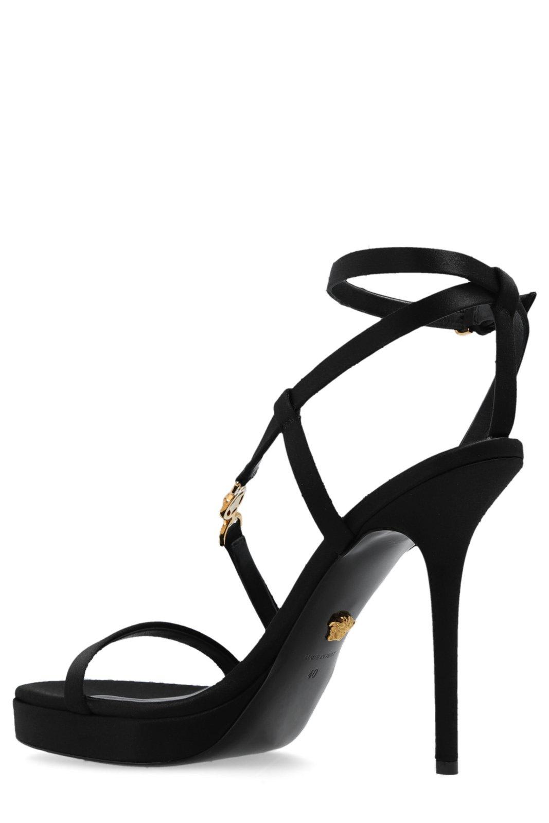 Shop Versace Medusa Embellished Satin Sandals In Black