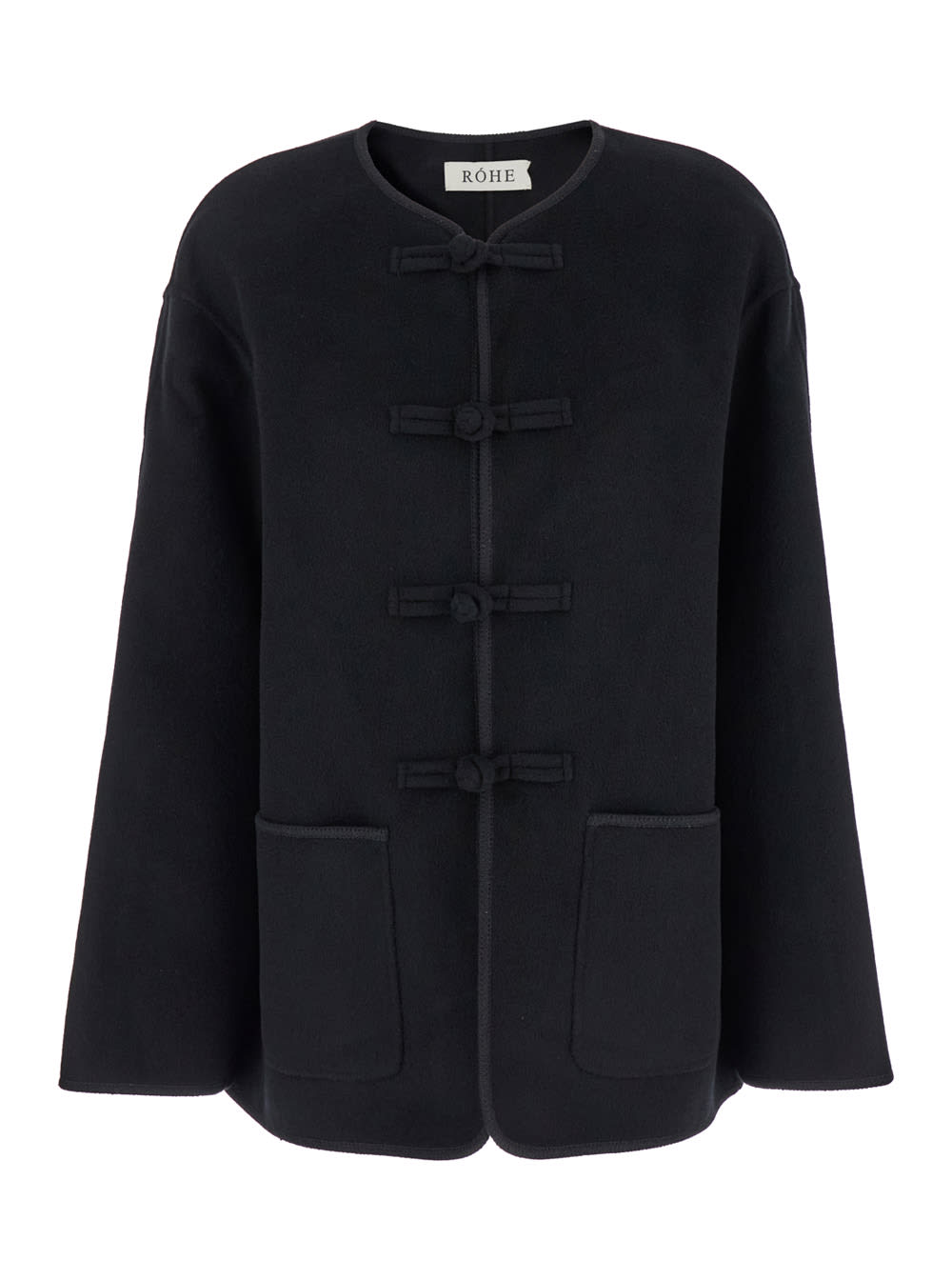 Róhe Black Collarless Coat With Toggle Closure In Wool Woman