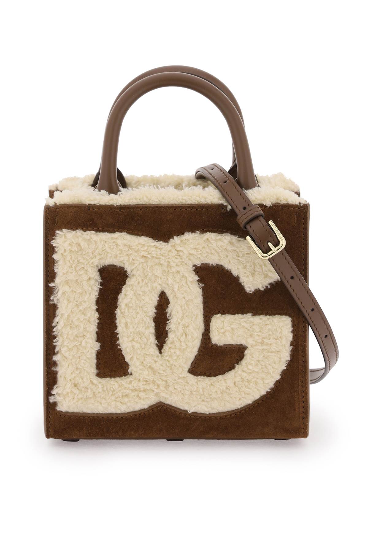 Shop Dolce & Gabbana Dg Daily Mini Suede And Shearling Tote Bag In Marrone Caffelatte (beige)