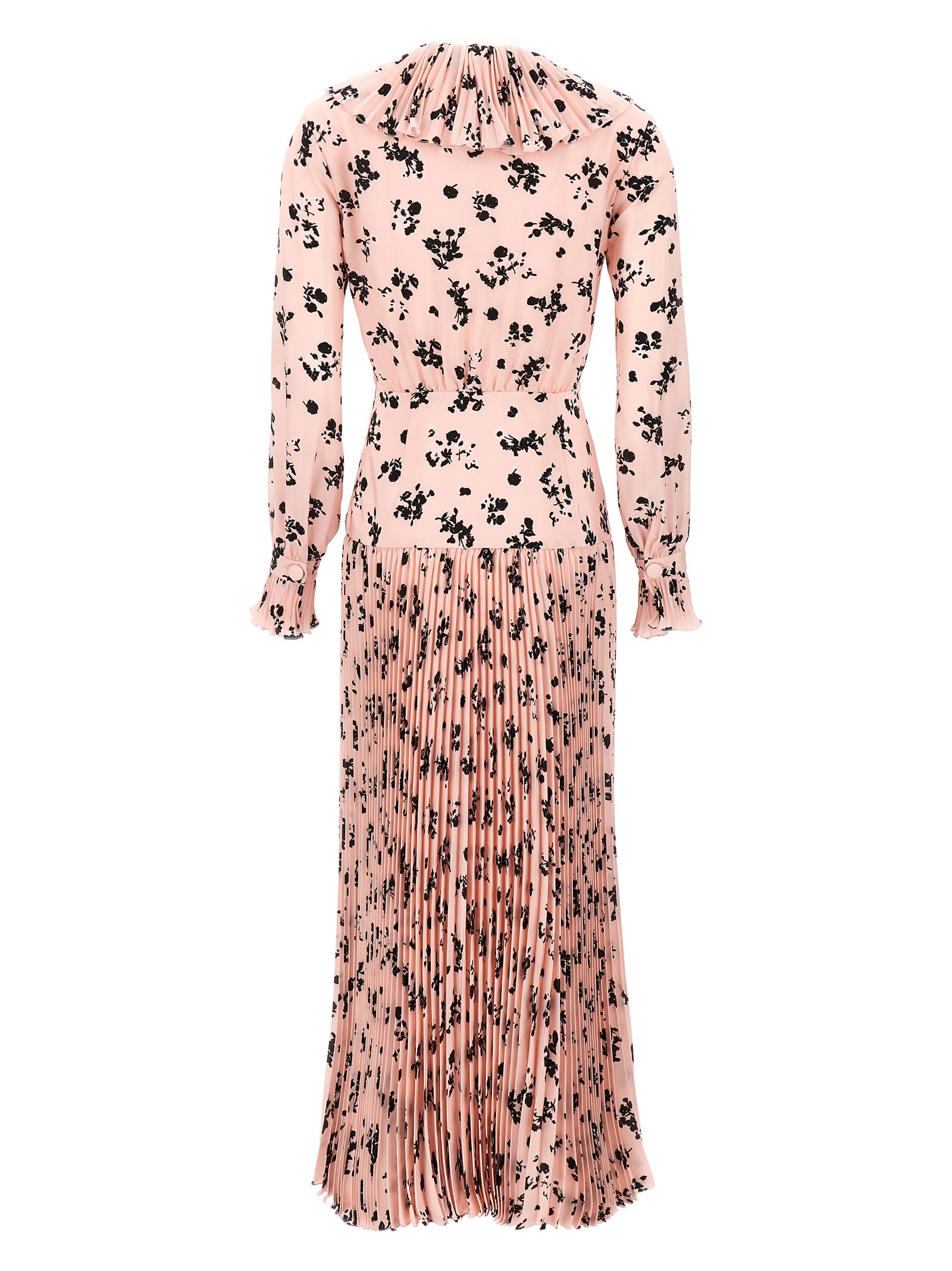 Shop Alessandra Rich Rose Print Silk Pleated Dress In Rosa