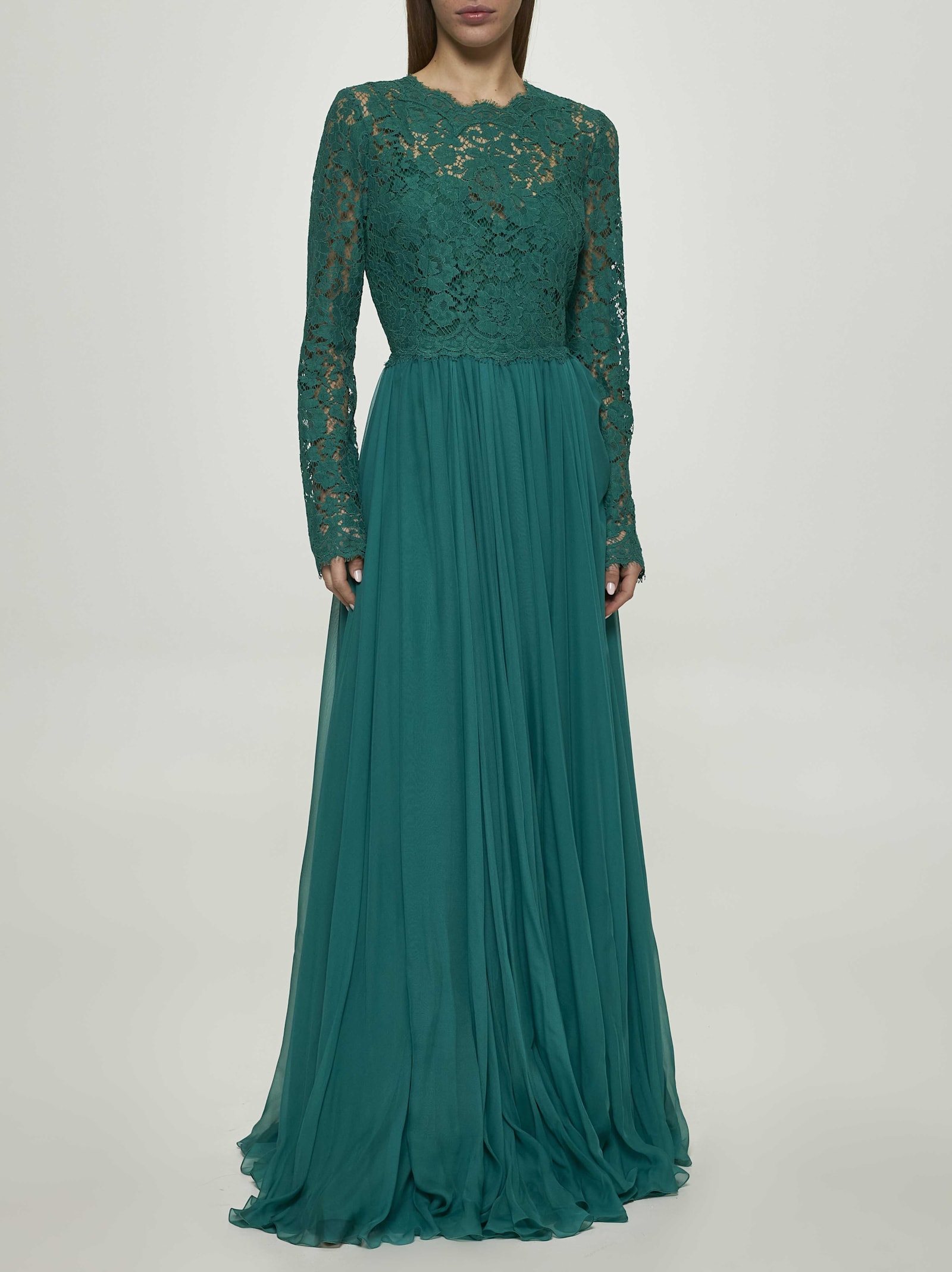 Dolce & Gabbana Long Chiffon And Lace Dress In Green