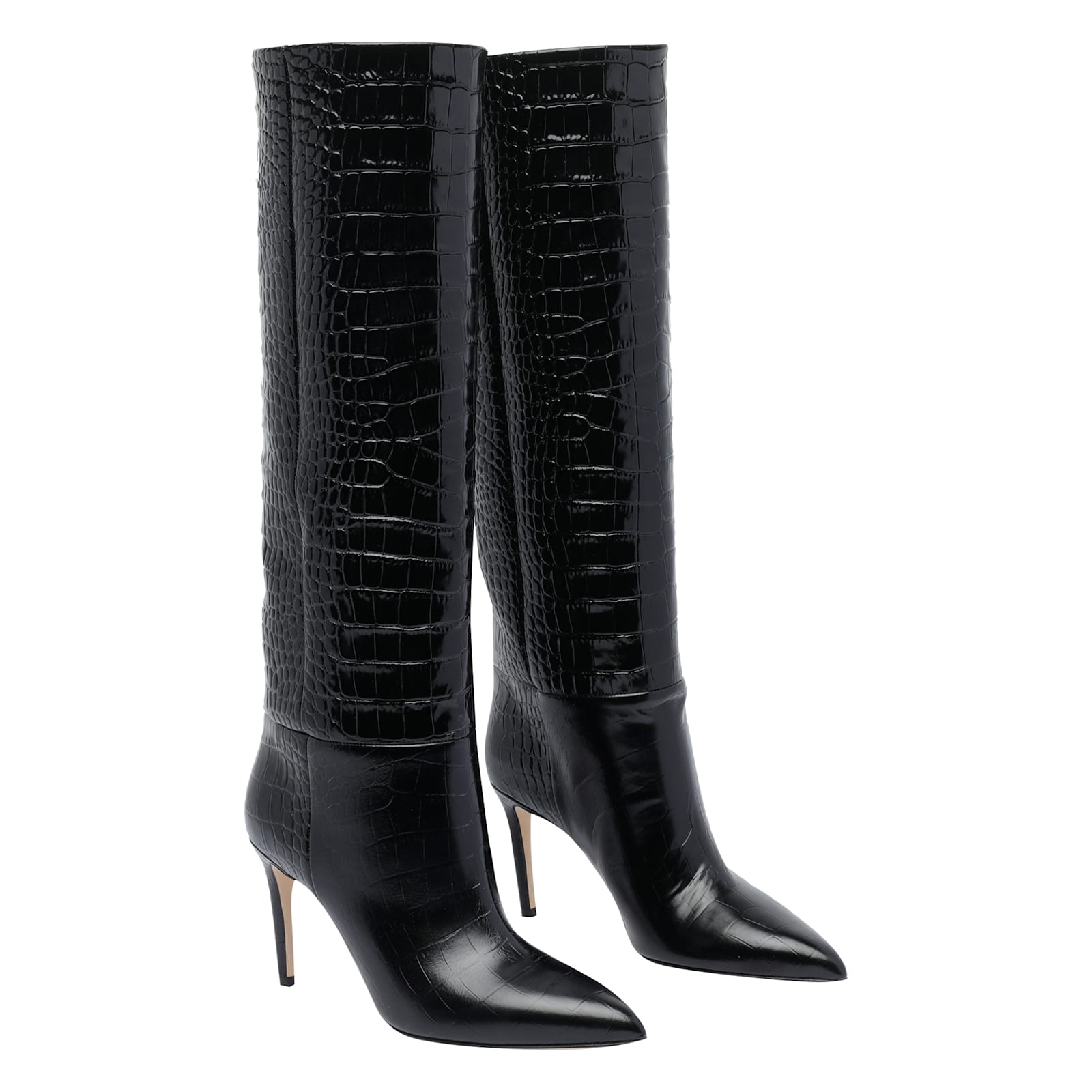 Paris Texas Dark Bordeaux High Boots With Stiletto Heel In Croco Embossed Leather Woman In Black