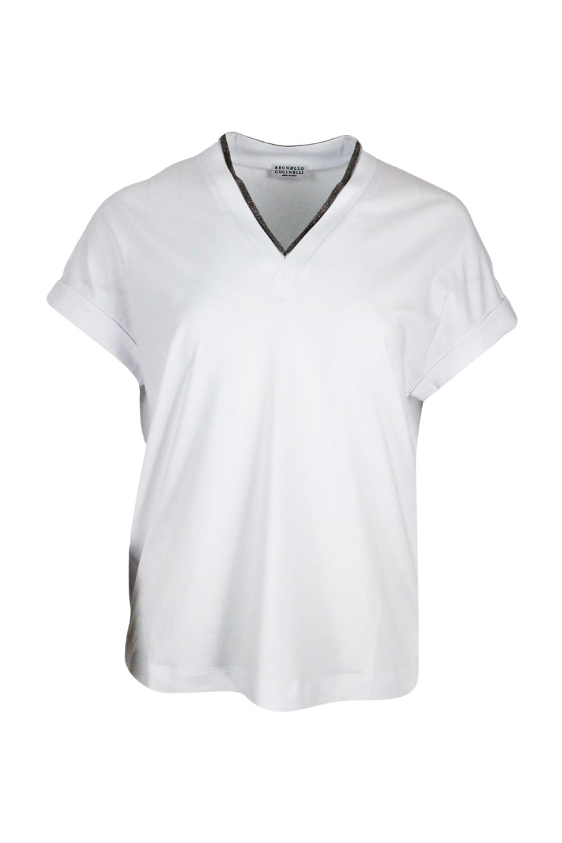 Brunello Cucinelli Short-sleeved T-shirt In Stretch Cotton With V-neckline Trimmed With Jewels In White