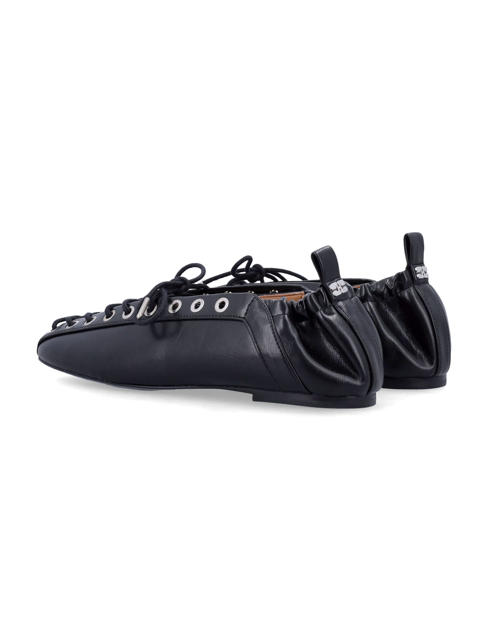 Ganni Eyelets Lace Up Ballerina Crinkle Oleatex In Black