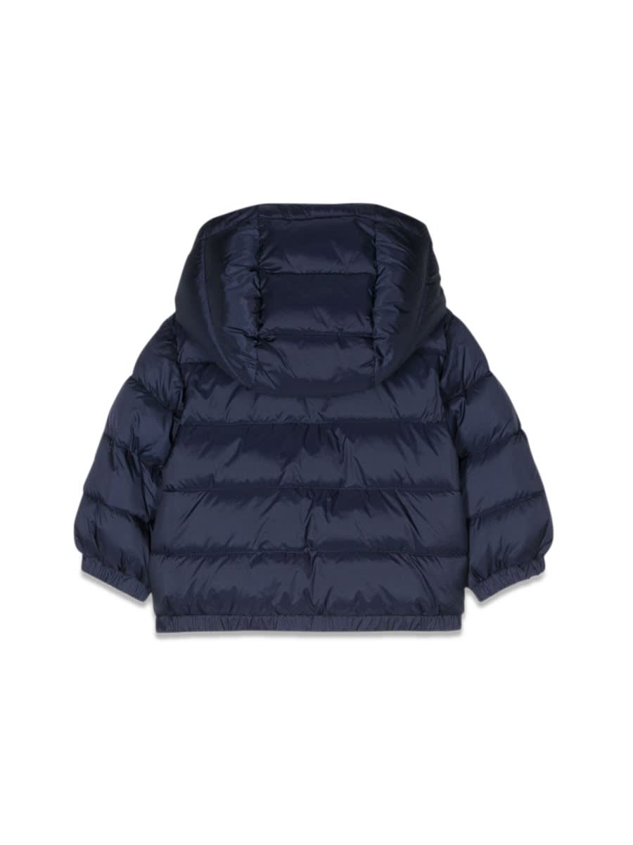 Shop Moschino Hooded Down Jacket In Blue