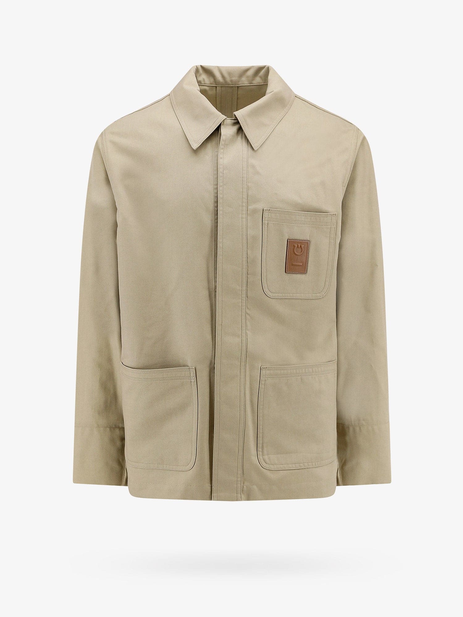 Ferragamo Men Cotton And Viscose Jacket With Gancini Leather Patch In Beige