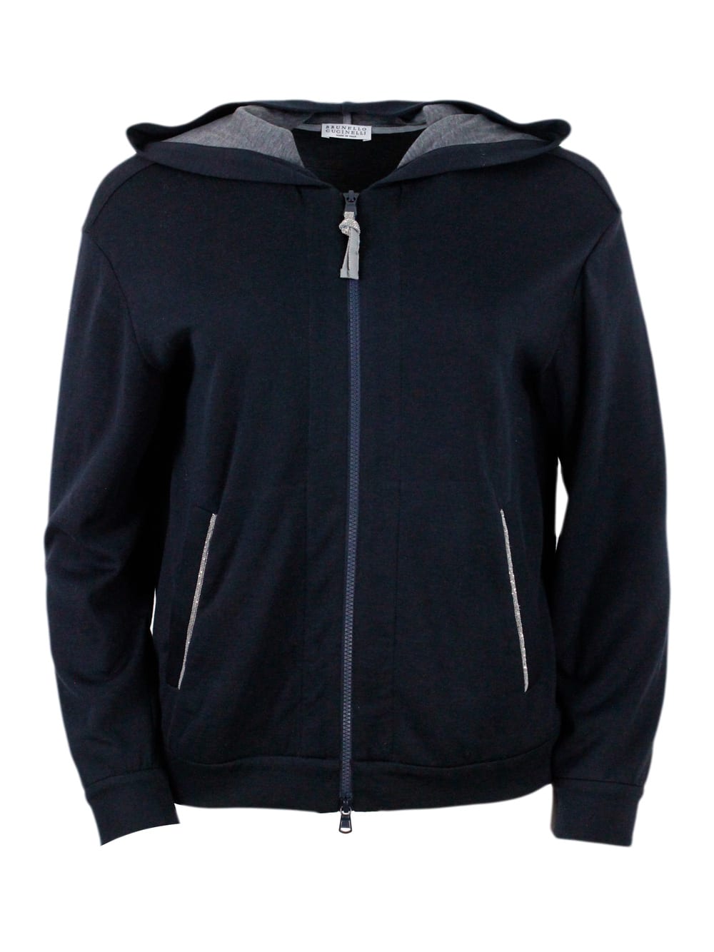 Shop Brunello Cucinelli Cotton And Silk Sweatshirt With Hood And Monili On The Zip In Blu