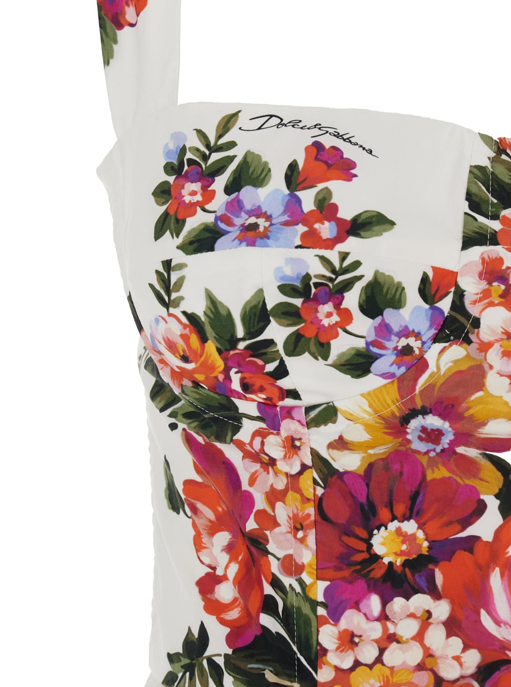 Dolce & Gabbana White Cotton Midi Dress With Floral Print Dolce E Gabbana In Multi