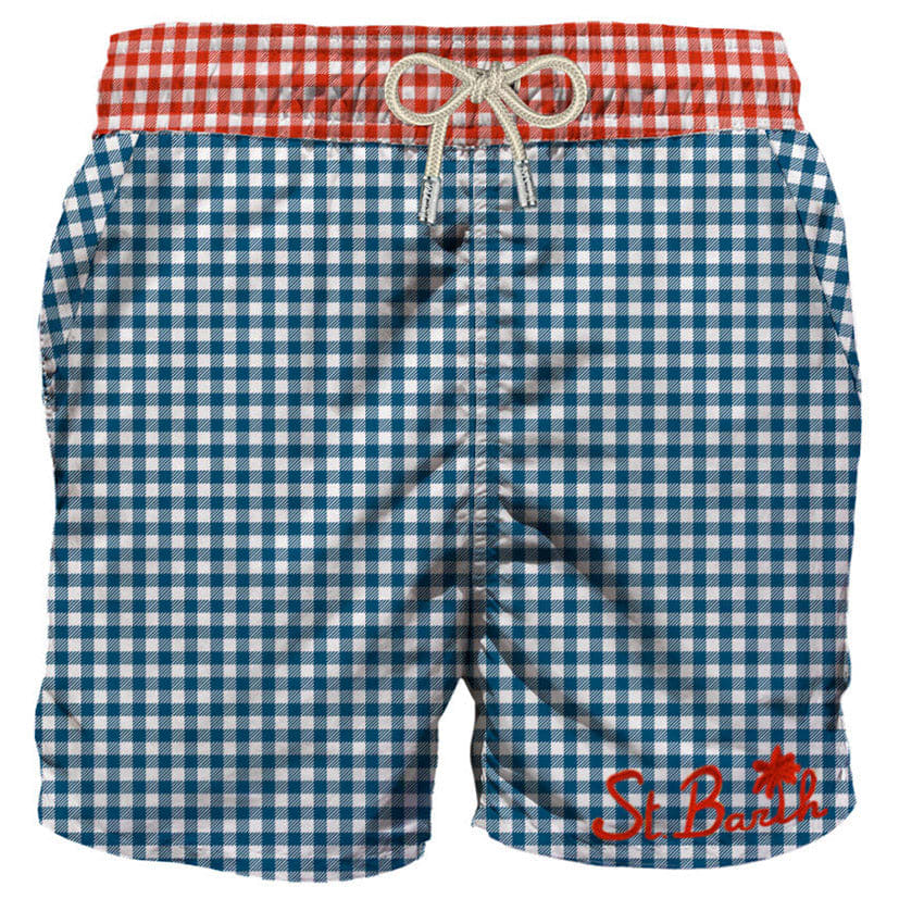 Mc2 Saint Barth Man Swim Shorts Gingham Print With Pocket In Blue