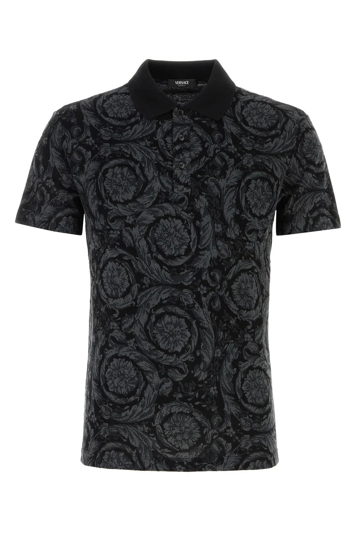 Shop Versace Printed Piquet Polo Shirt In Nero