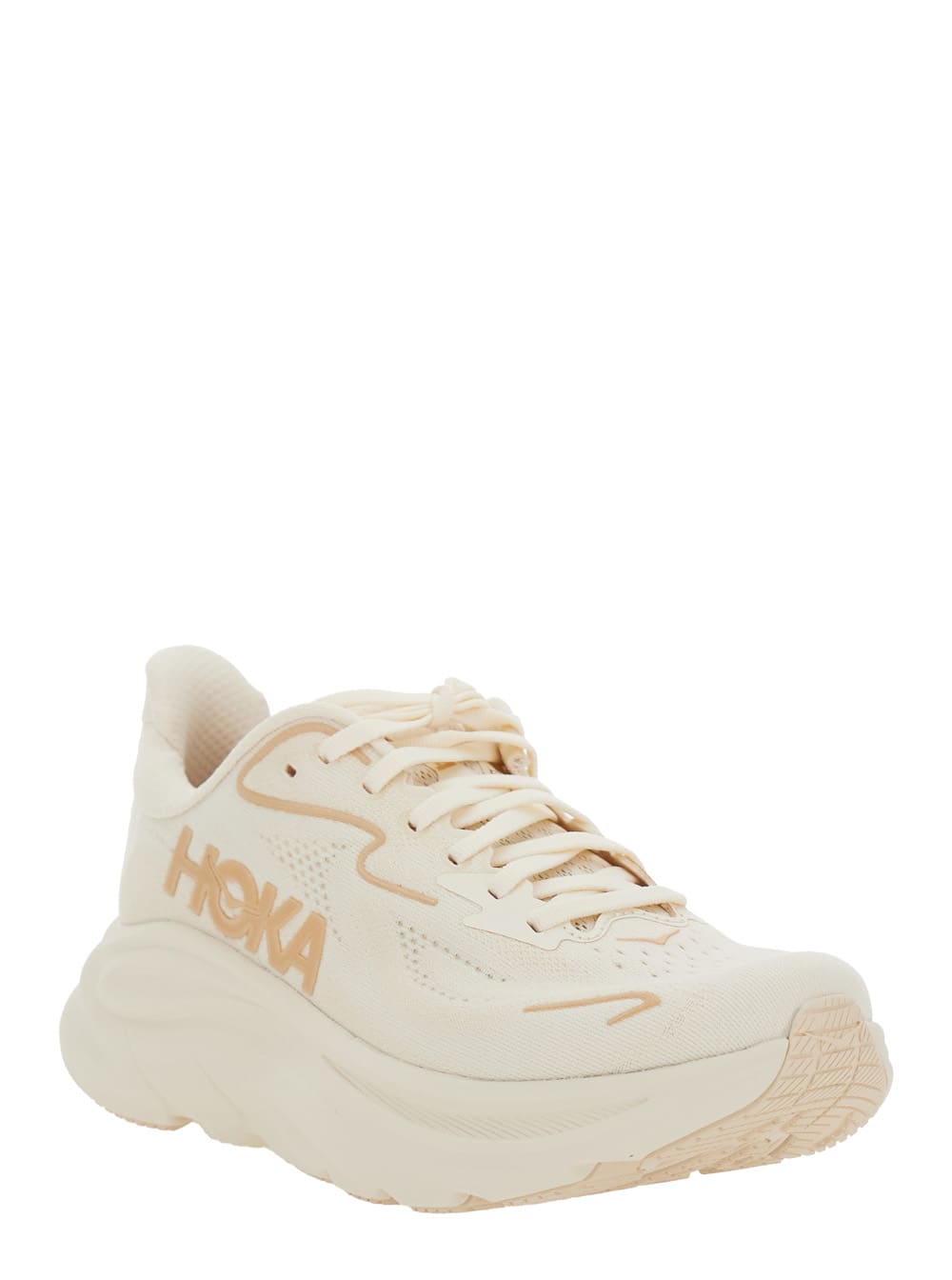 Hoka Clifton 10 White Low Top Sneakers With Oversize Sole And Logo Lettering On The Side In Tehc Fabric U In Beige