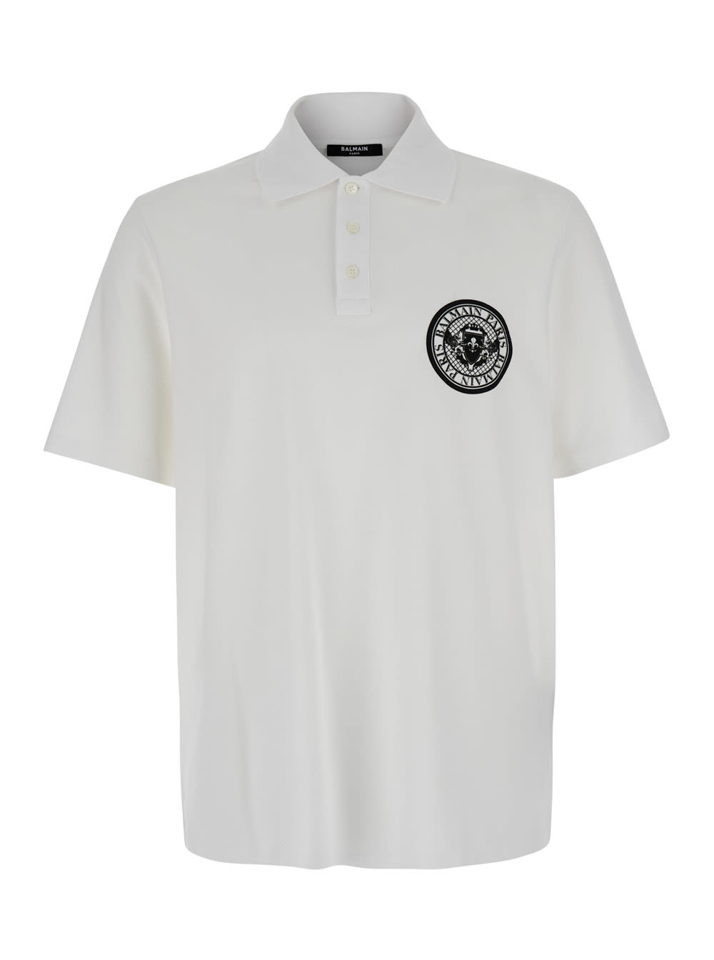 White Polo Shirt With Collar And Coin Print On The Front In Cotton Man