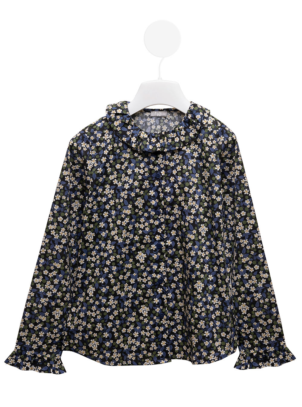 Il Gufo Black And Blue Floral Shirt In Cotton With Ruched Detail On Collar And Cuffs