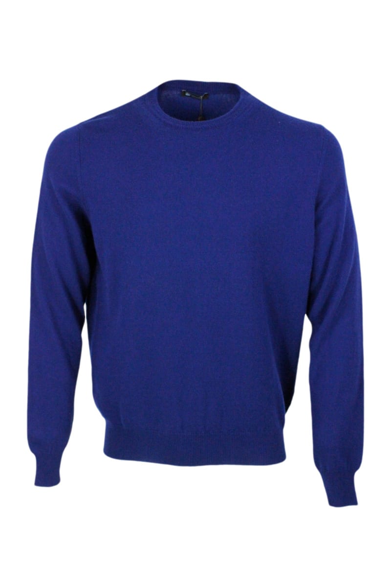 Shop Colombo Long-sleeved Crewneck Sweater In Fine 2-ply 100% Kid Cashmere With Special Processing On The Edge Of In Blu Royal