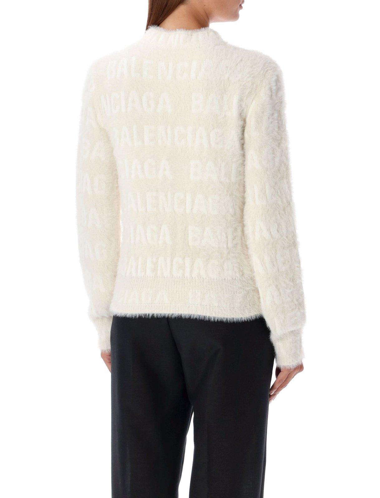 Shop Balenciaga Allover Logo Furry Fitted Sweater In Ivory