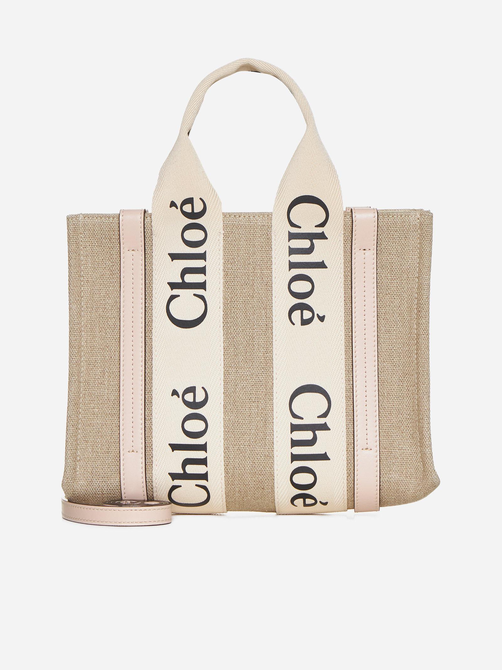 Shop Chloé Woody Linen Small Tote Bag In Beige/pink