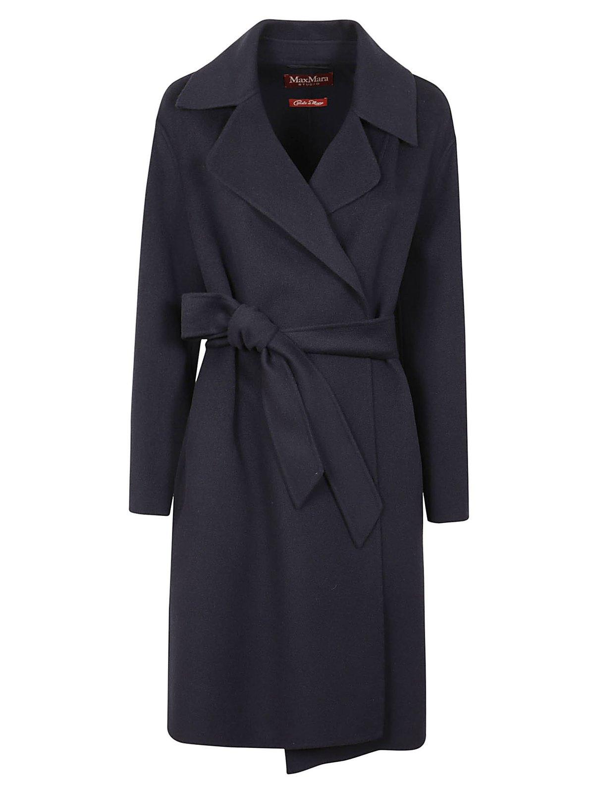 Shop Max Mara Belted Long-sleeved Coat In Blu