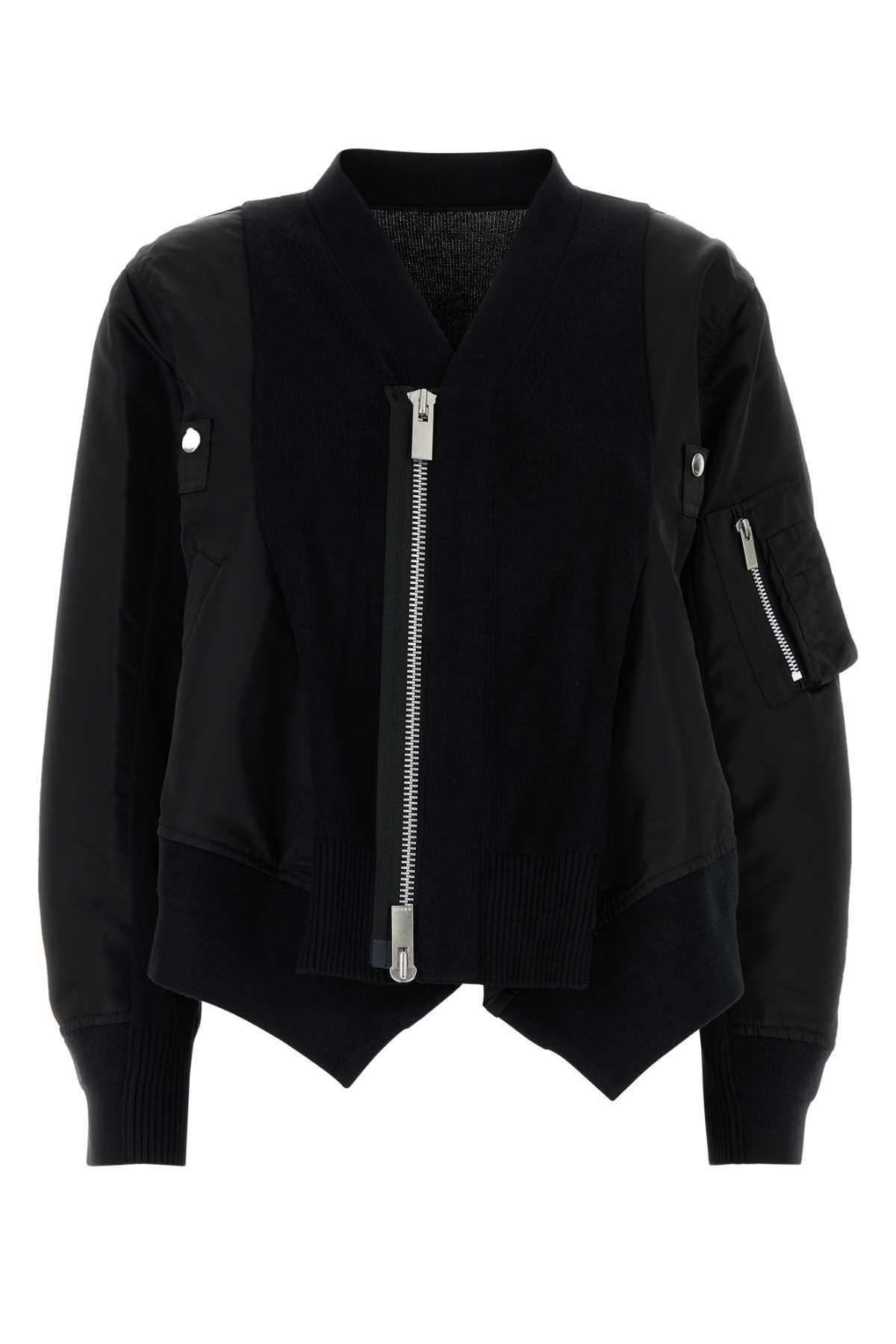 Black Cotton Blend And Nylon Bomber Jacket