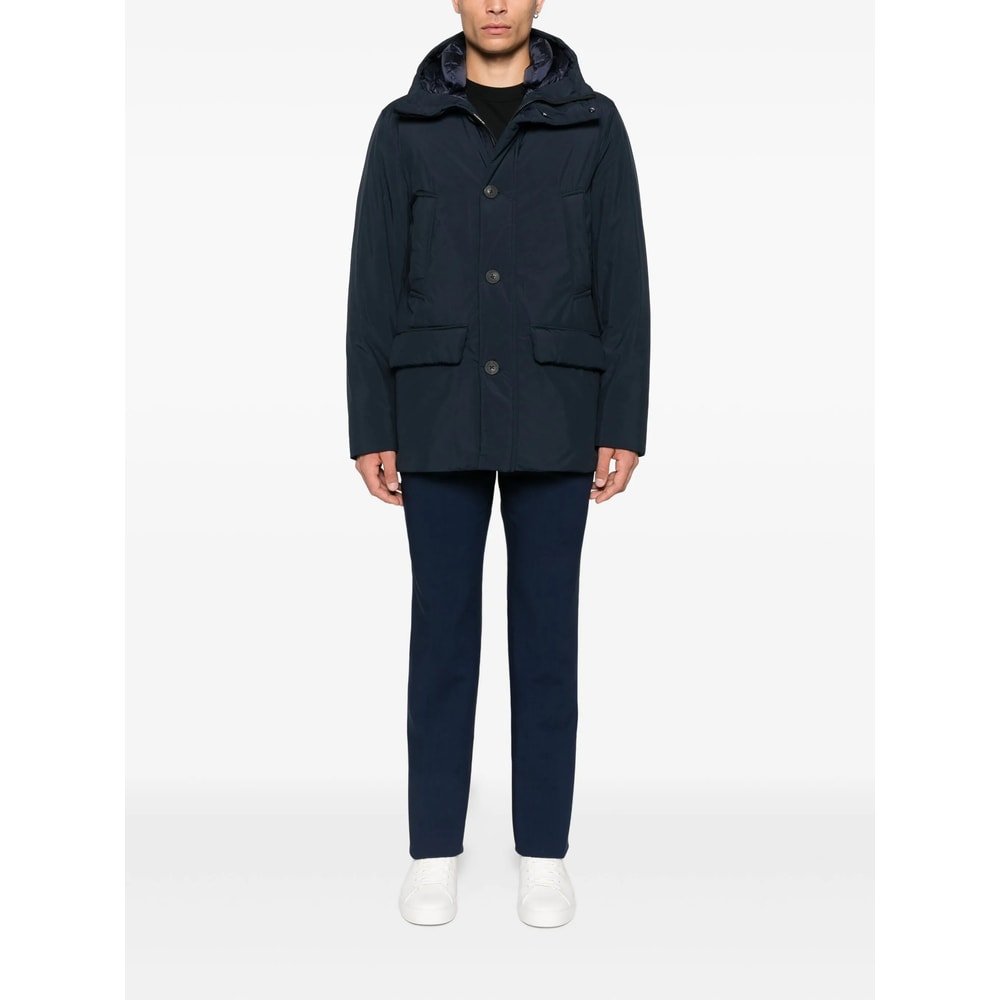 Woolrich Relaxed-fit Hooded Coat With Button Closure And Multiple Pockets In Blue