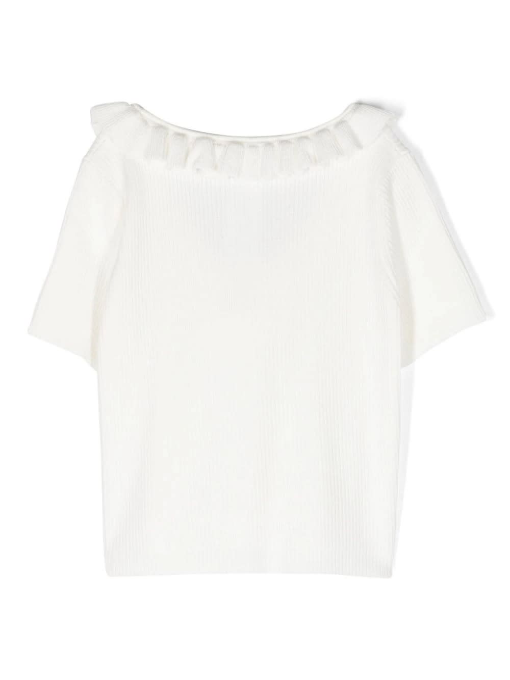 Shop Miss Blumarine White Ribbed T-shirt With Ruffles