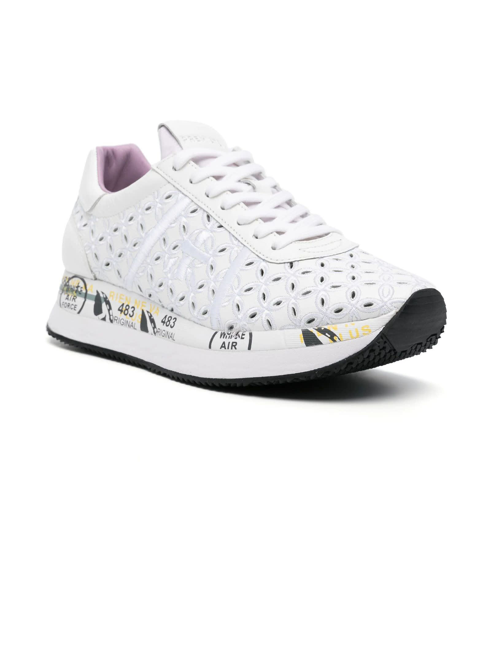 Shop Premiata Conny Broderie-anglaise Sneakers In Bianco/nero