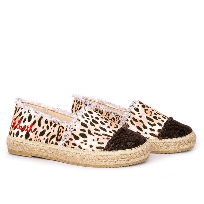 Mc2 Saint Barth Animalier Print Canvas Espadrillas With Embroidery In Brown