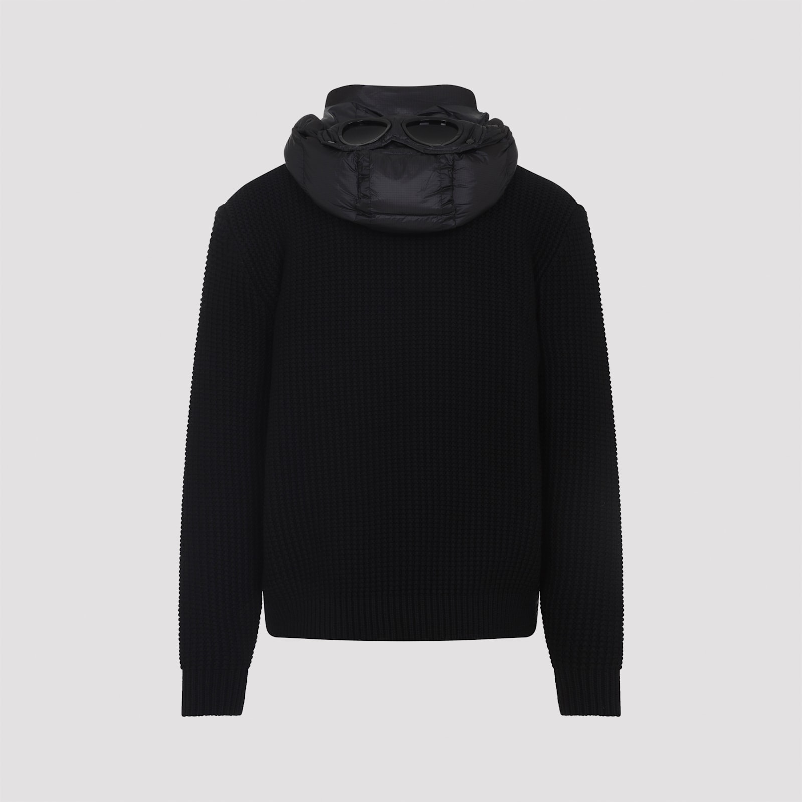 C.p. Company Black Wool Knit Jacket With Padded Hood In Black