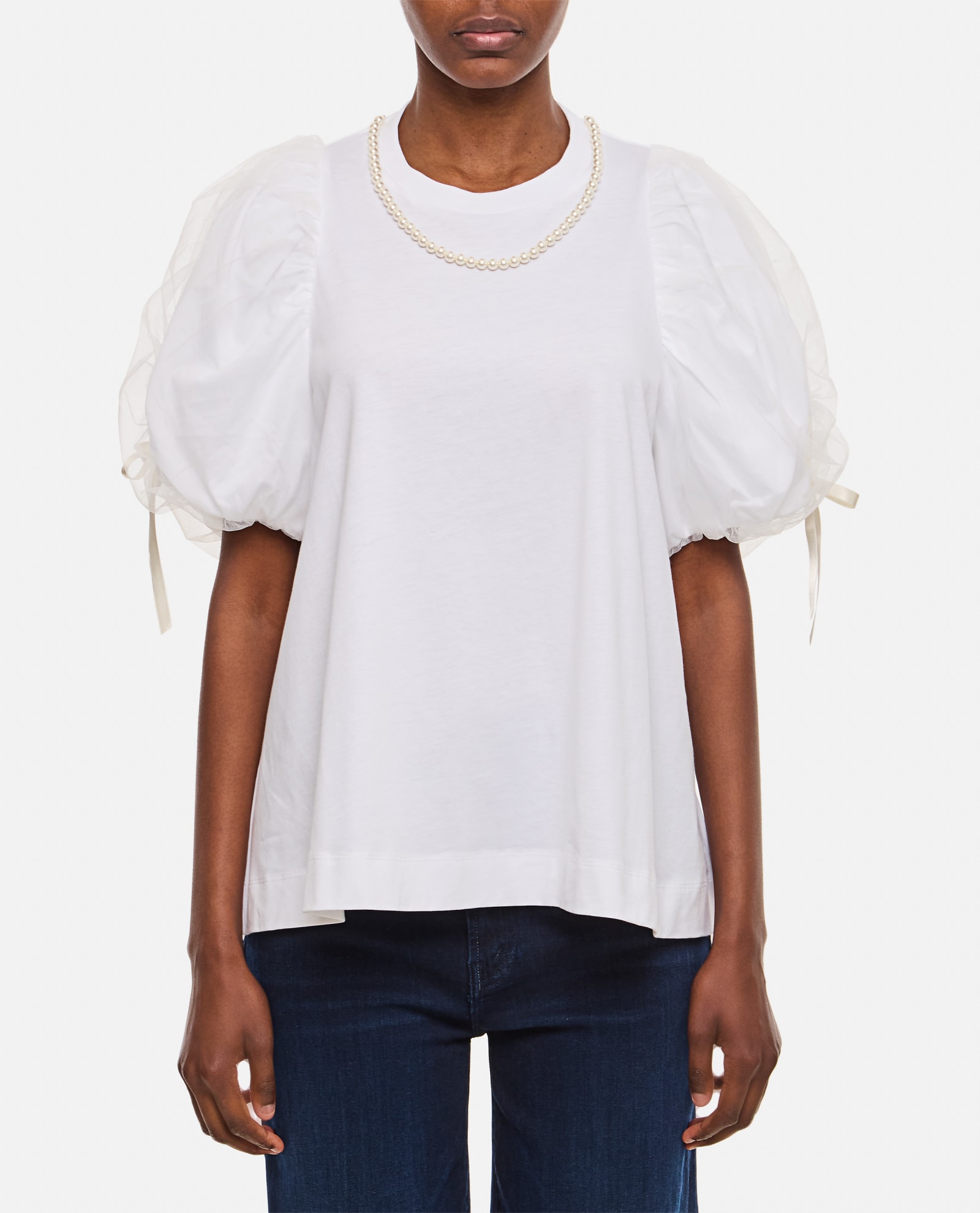 Shop Simone Rocha Beaded Tulle Overlay Puff Sleeve T-shirt W/ Bow In White