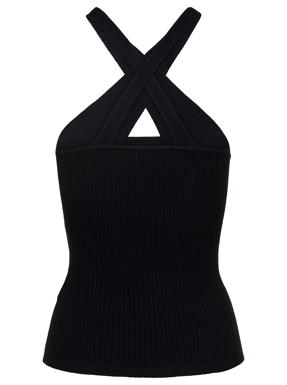 Shop Msgm Black Ribbed Knit Crossover-strap Top In Viscose Blend Woman