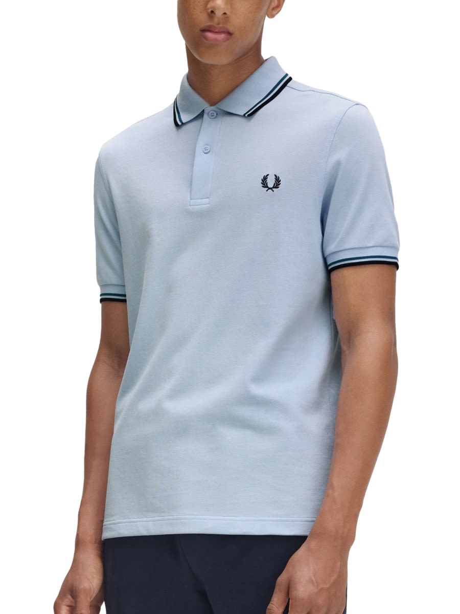 Fred Perry Polo Shirt With Ribbed Cuffs And Short Sleeves In Blue