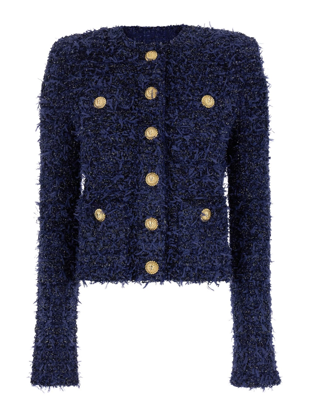 Shop Balmain Blue Collarless Jacket With Gold Buttons In Tweed Woman