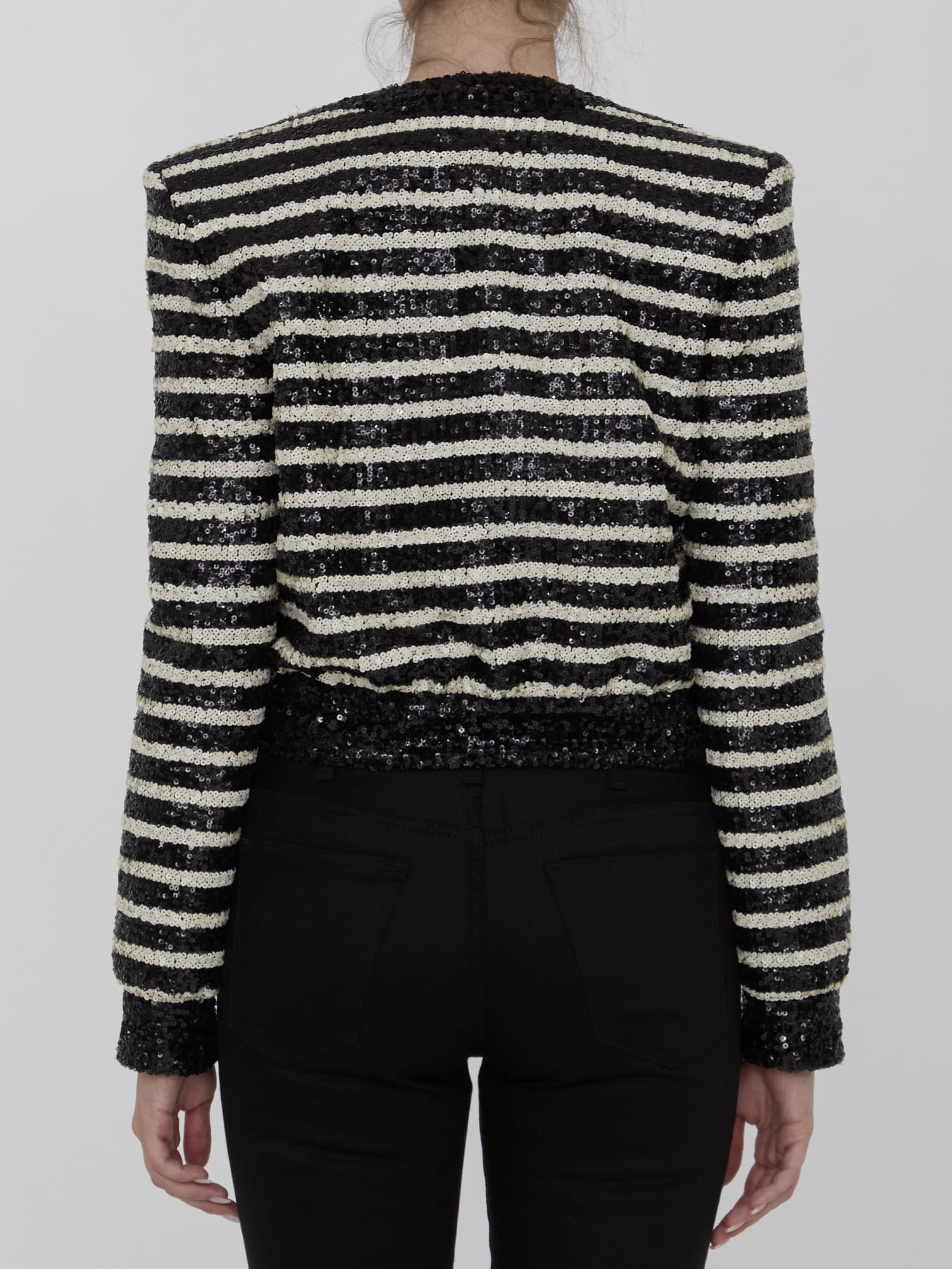 Shop Balmain Sequined Cropped Jacket In Black