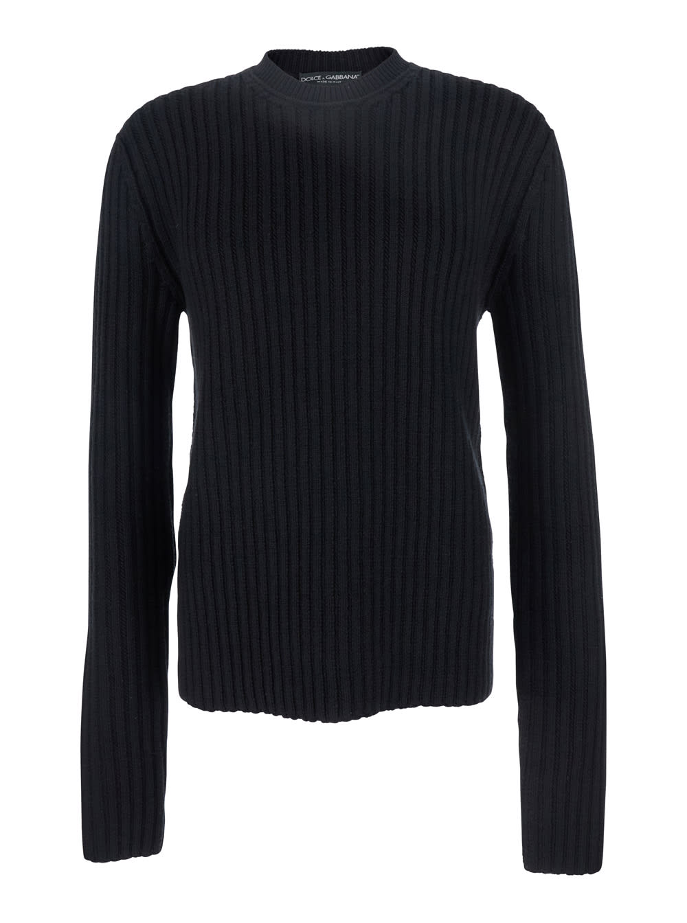 Dolce & Gabbana Men Black Ribbed Knit Crewneck Sweater With Logo Patch On The Rear In Wool Man In Black