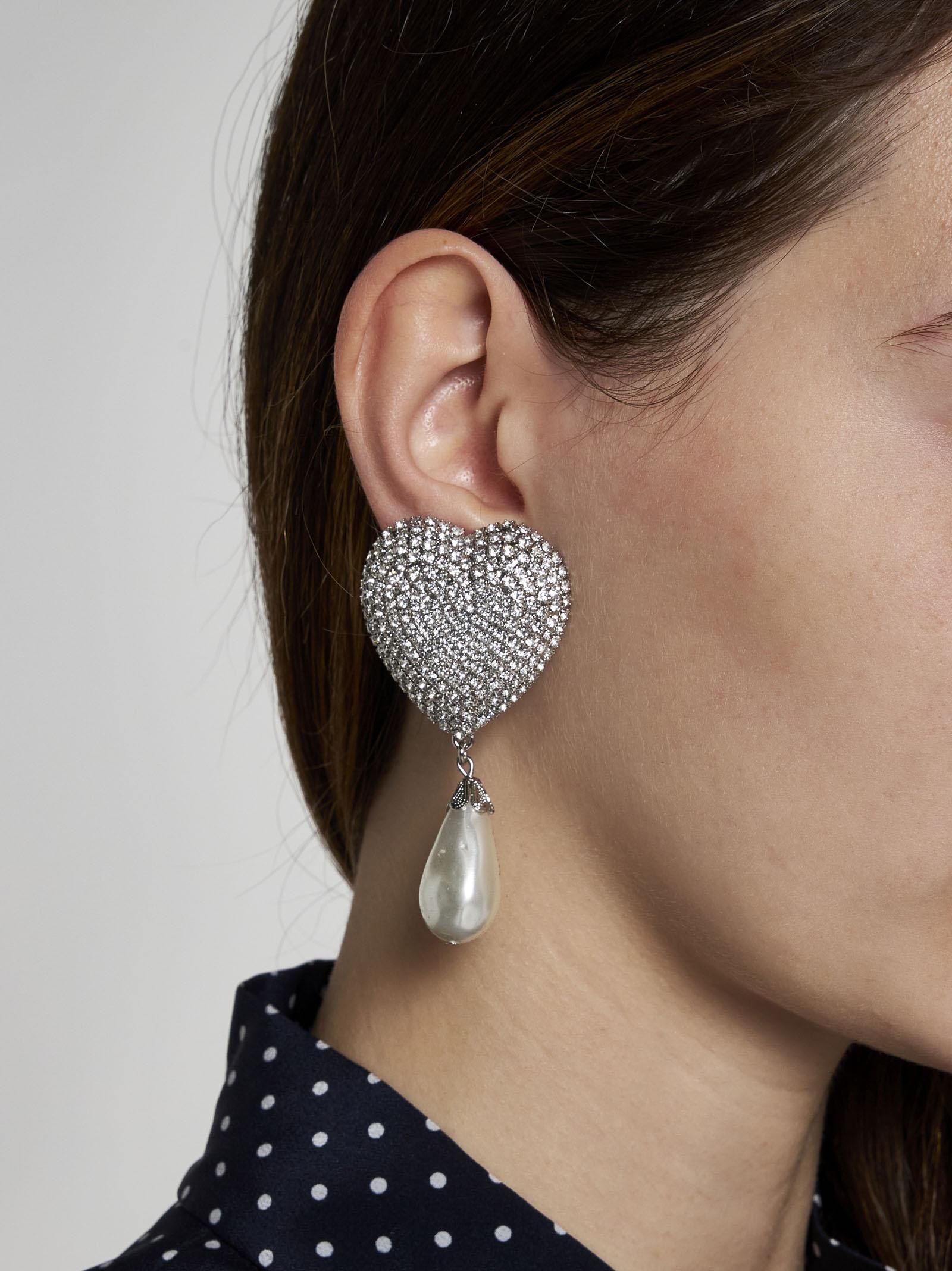 Shop Alessandra Rich Heart Crystals And Pearl Earrings In Silver