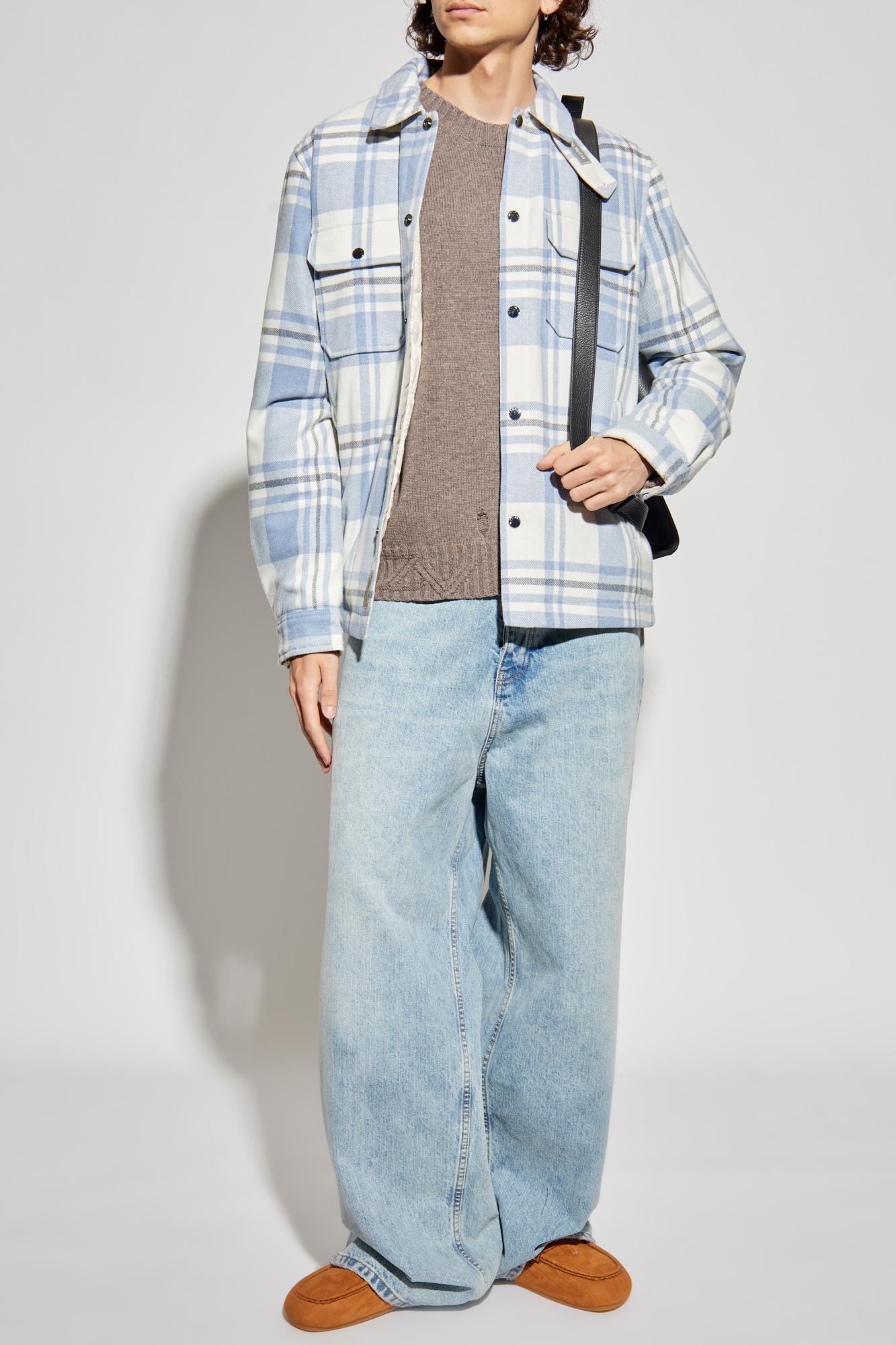 Woolrich Plaid Logo Jacket With Structured Collar In Blue